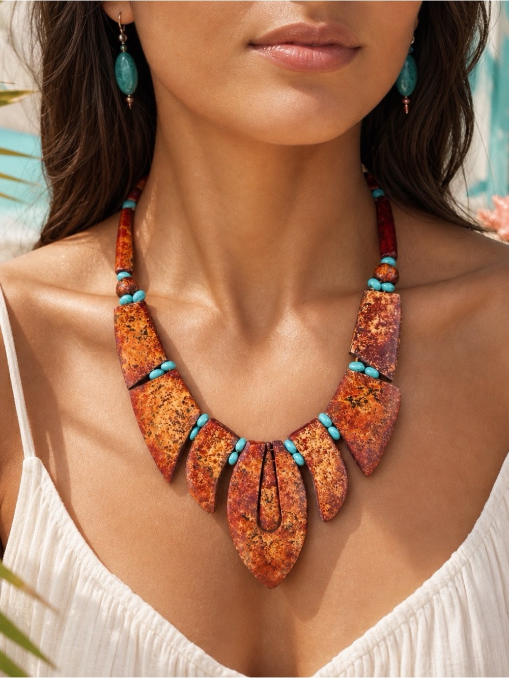 Handcrafted Statement Wood & Turquoise Bib Necklace